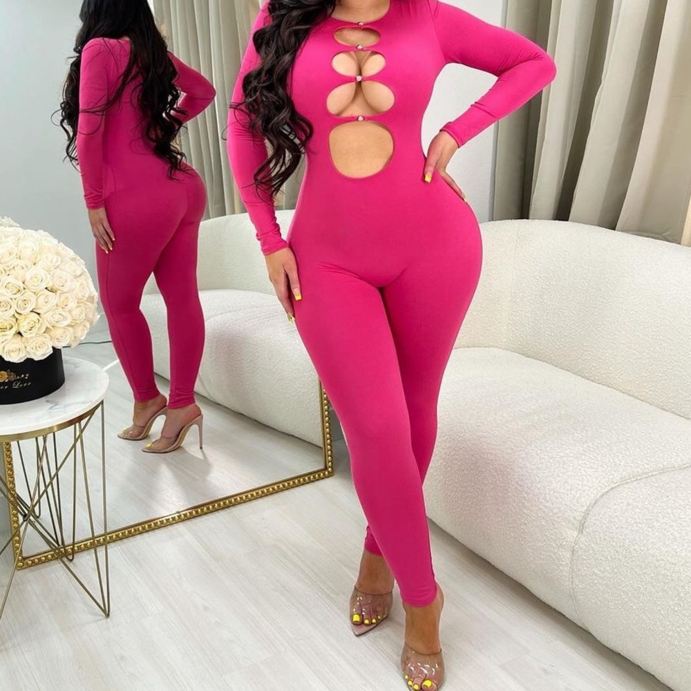 She’s Hot Pink Jumpsuit with Gold Buttons